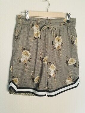 BKLYN Athletics 7" Short Lined Black White Trim Yellow Rose's On Green Mesh M